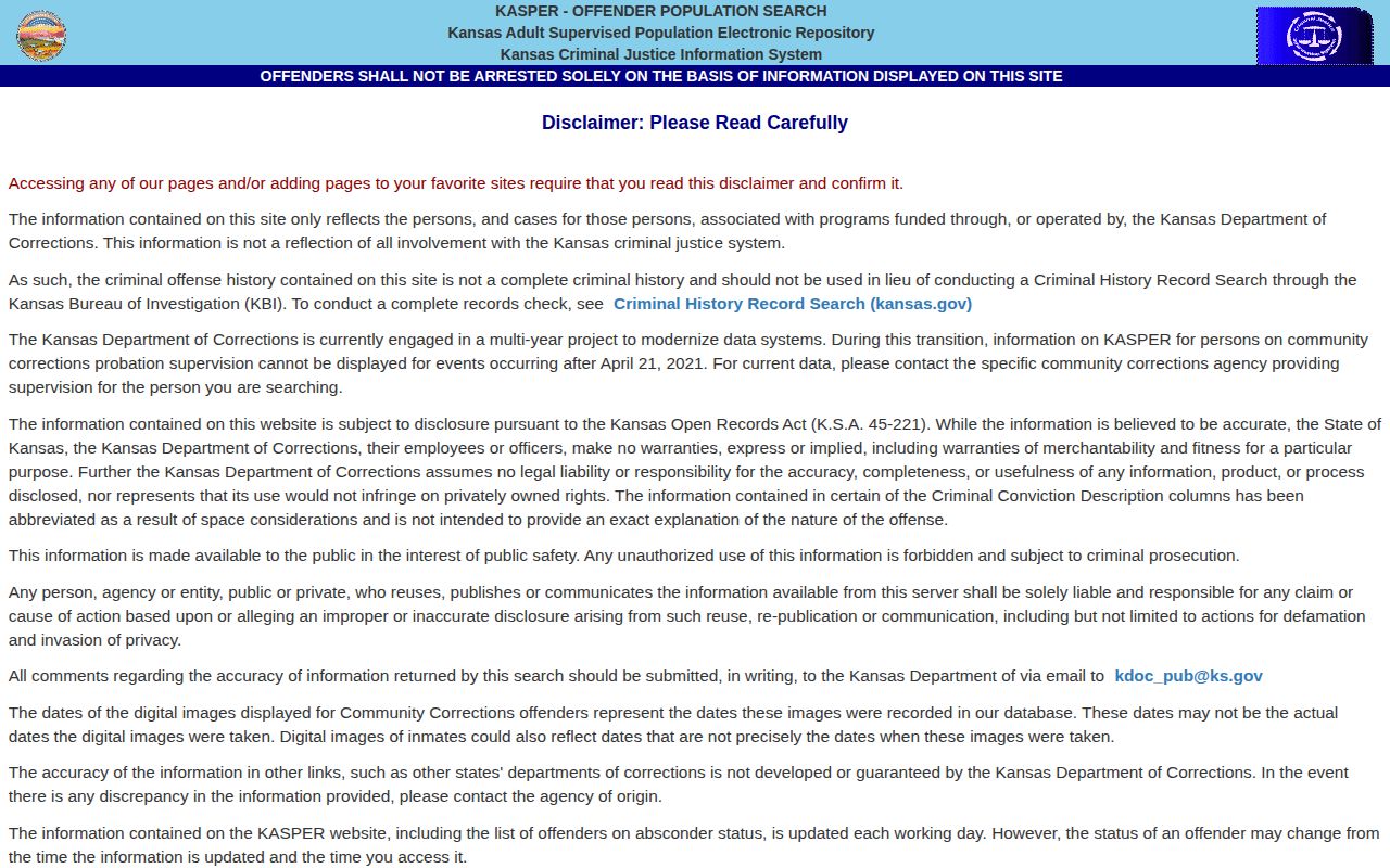 Haskell County released inmate KASPER offender search disclaimer